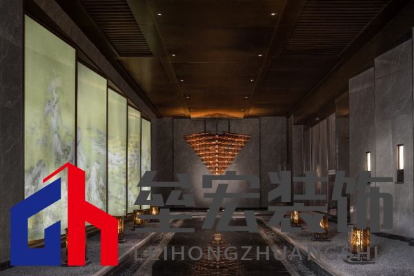 A long hallway with lights and a triangle from the ceiling Description automatically generated